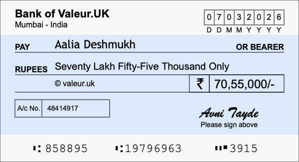 How to write a cheque for 70.55 lakh rupees
