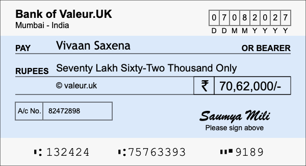How to write a cheque for 70.62 lakh rupees