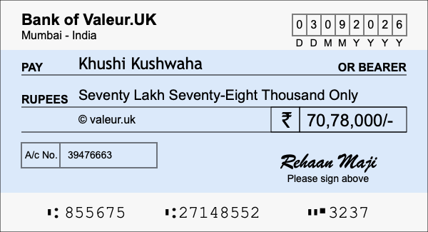 How to write a cheque for 70.78 lakh rupees