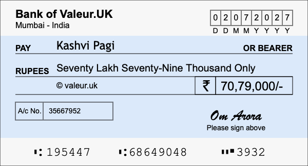 How to write a cheque for 70.79 lakh rupees
