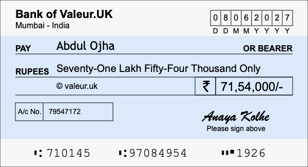 How to write a cheque for 71.54 lakh rupees