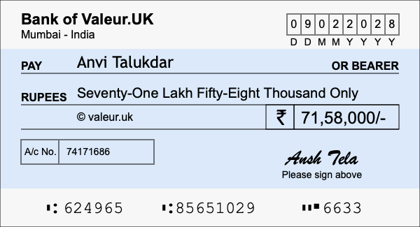 How to write a cheque for 71.58 lakh rupees