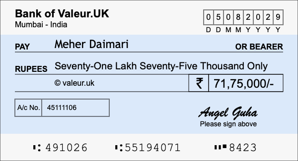 How to write a cheque for 71.75 lakh rupees