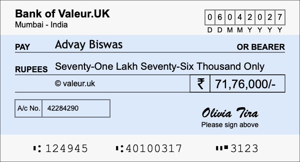 How to write a cheque for 71.76 lakh rupees