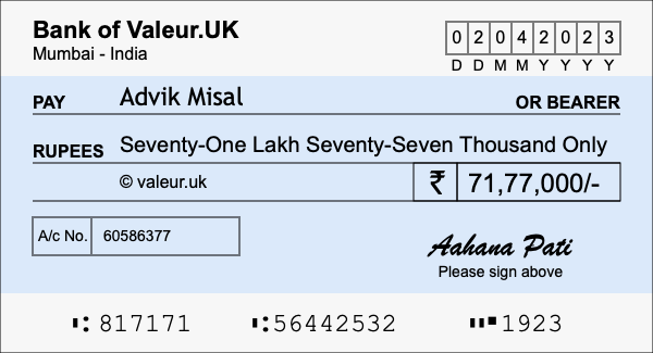 How to write a cheque for 71.77 lakh rupees