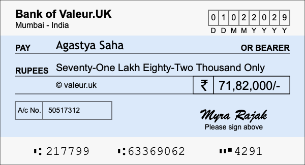 How to write a cheque for 71.82 lakh rupees