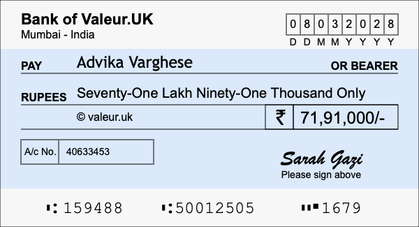 How to write a cheque for 71.91 lakh rupees