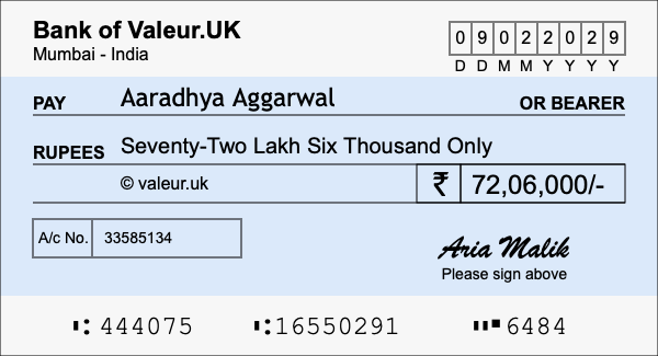 How to write a cheque for 72.06 lakh rupees