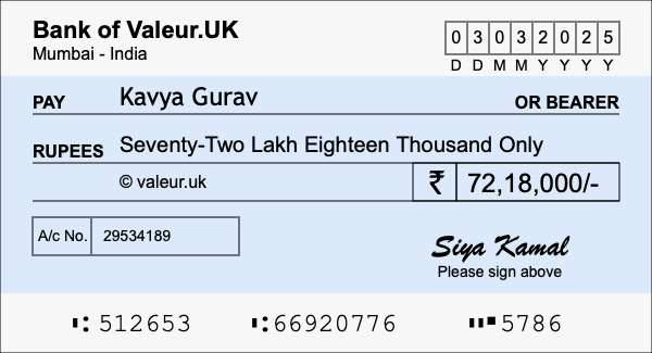 How to write a cheque for 72.18 lakh rupees