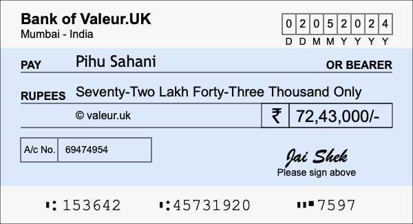 How to write a cheque for 72.43 lakh rupees