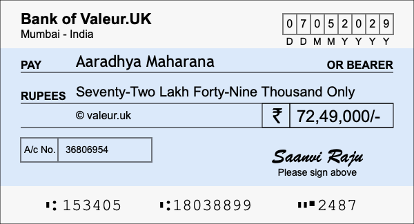 How to write a cheque for 72.49 lakh rupees