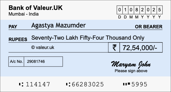 How to write a cheque for 72.54 lakh rupees
