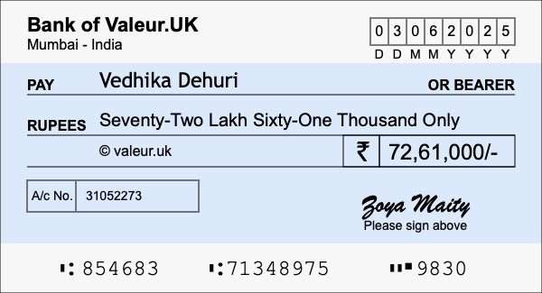 How to write a cheque for 72.61 lakh rupees