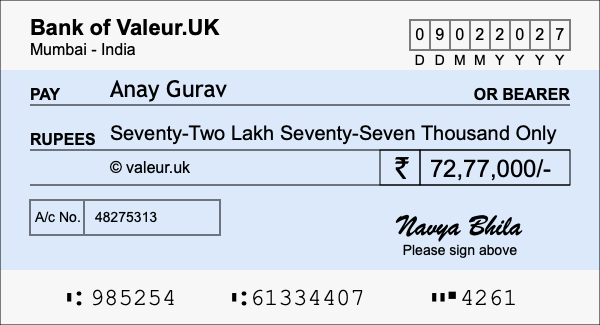 How to write a cheque for 72.77 lakh rupees