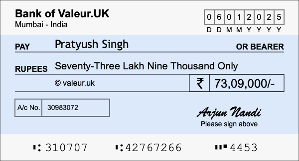 How to write a cheque for 73.09 lakh rupees