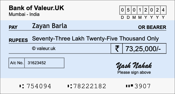 How to write a cheque for 73.25 lakh rupees How to write a cheque for 73.25 lakh rupees