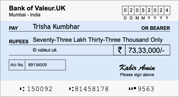 How to write a cheque for 73.33 lakh rupees How to write a cheque for 73.33 lakh rupees