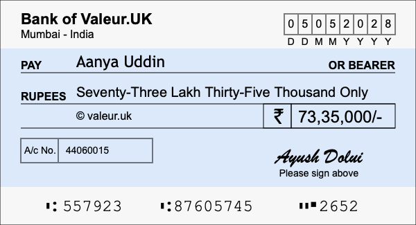 How to write a cheque for 73.35 lakh rupees How to write a cheque for 73.35 lakh rupees