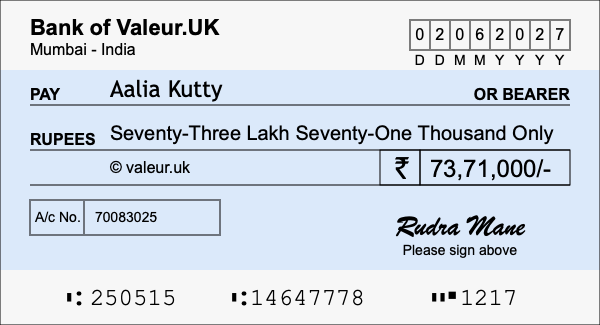 How to write a cheque for 73.71 lakh rupees