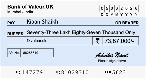 How to write a cheque for 73.87 lakh rupees