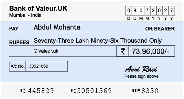 How to write a cheque for 73.96 lakh rupees