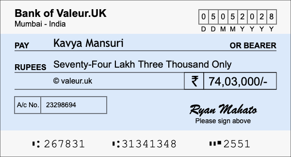 How to write a cheque for 74.03 lakh rupees How to write a cheque for 74.03 lakh rupees