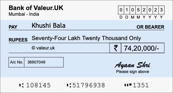 How to write a cheque for 74.2 lakh rupees
