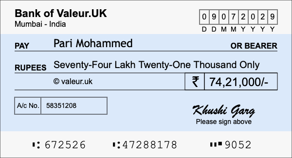 How to write a cheque for 74.21 lakh rupees
