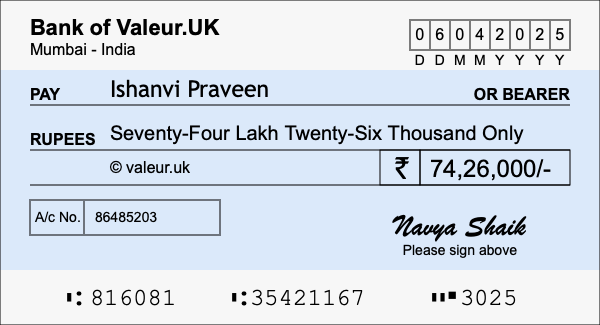 How to write a cheque for 74.26 lakh rupees
