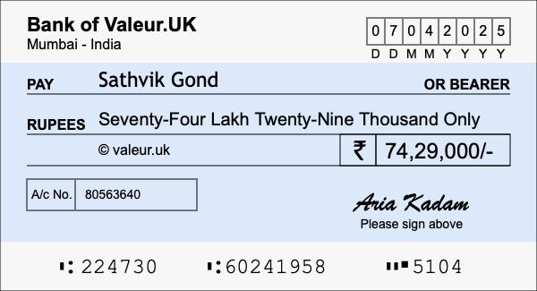 How to write a cheque for 74.29 lakh rupees