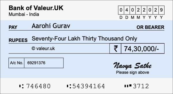 How to write a cheque for 74.3 lakh rupees
