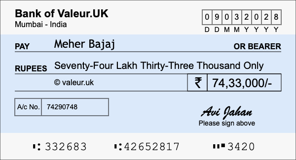 How to write a cheque for 74.33 lakh rupees