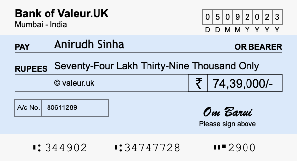 How to write a cheque for 74.39 lakh rupees