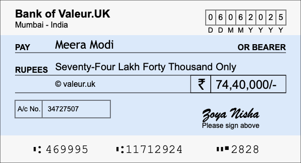 How to write a cheque for 74.4 lakh rupees
