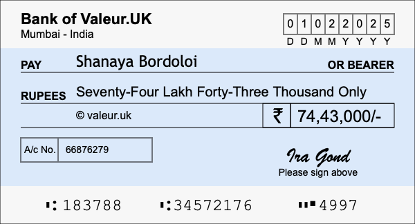 How to write a cheque for 74.43 lakh rupees
