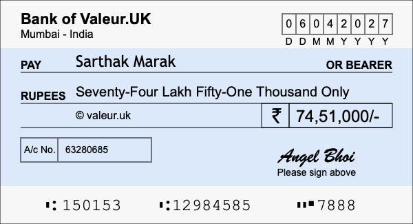 How to write a cheque for 74.51 lakh rupees