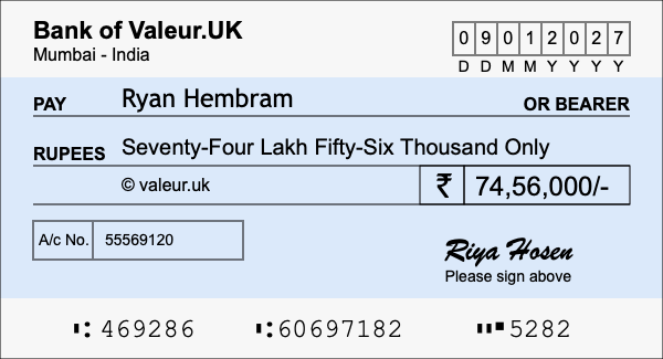How to write a cheque for 74.56 lakh rupees