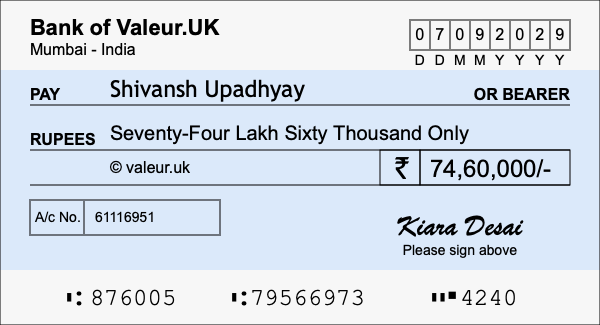 How to write a cheque for 74.6 lakh rupees