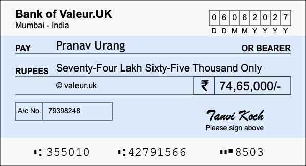 How to write a cheque for 74.65 lakh rupees