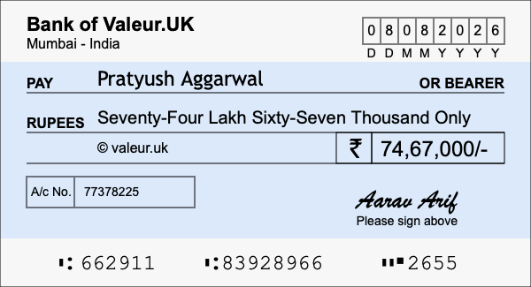 How to write a cheque for 74.67 lakh rupees