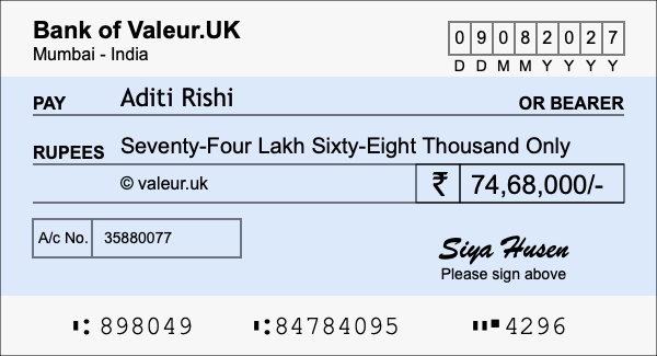 How to write a cheque for 74.68 lakh rupees