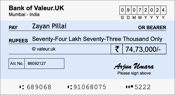 How to write a cheque for 74.73 lakh rupees
