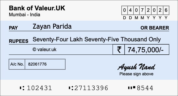 How to write a cheque for 74.75 lakh rupees