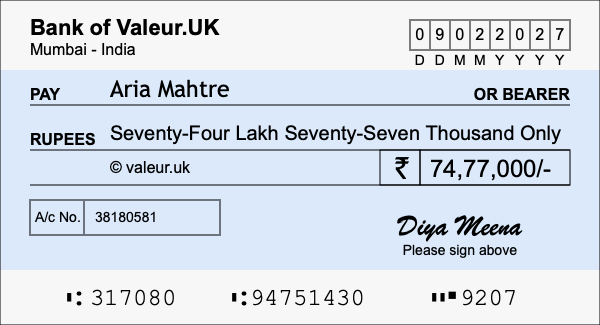 How to write a cheque for 74.77 lakh rupees