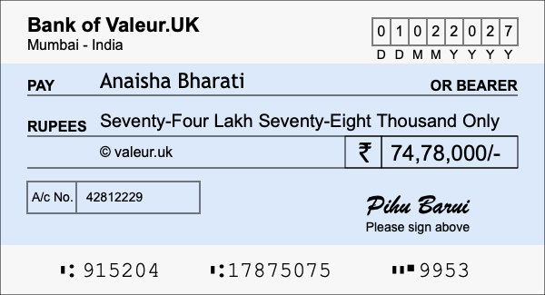 How to write a cheque for 74.78 lakh rupees