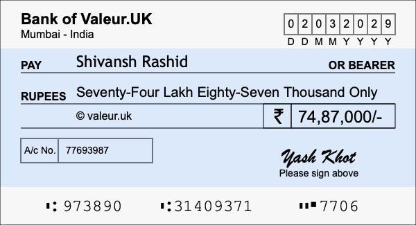 How to write a cheque for 74.87 lakh rupees