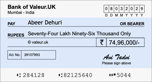How to write a cheque for 74.96 lakh rupees How to write a cheque for 74.96 lakh rupees