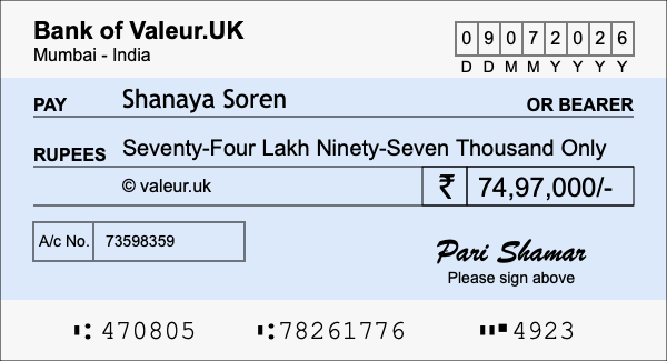 How to write a cheque for 74.97 lakh rupees