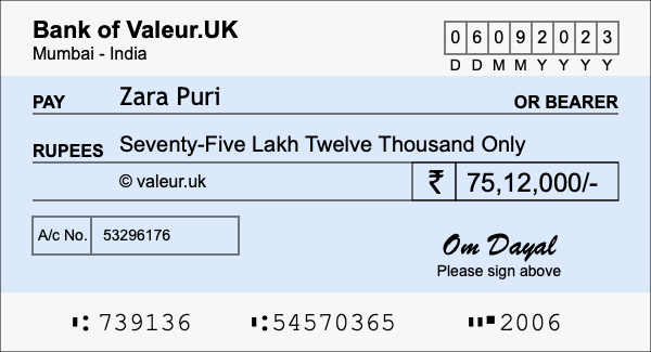 How to write a cheque for 75.12 lakh rupees