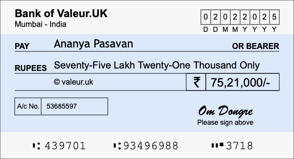 How to write a cheque for 75.21 lakh rupees